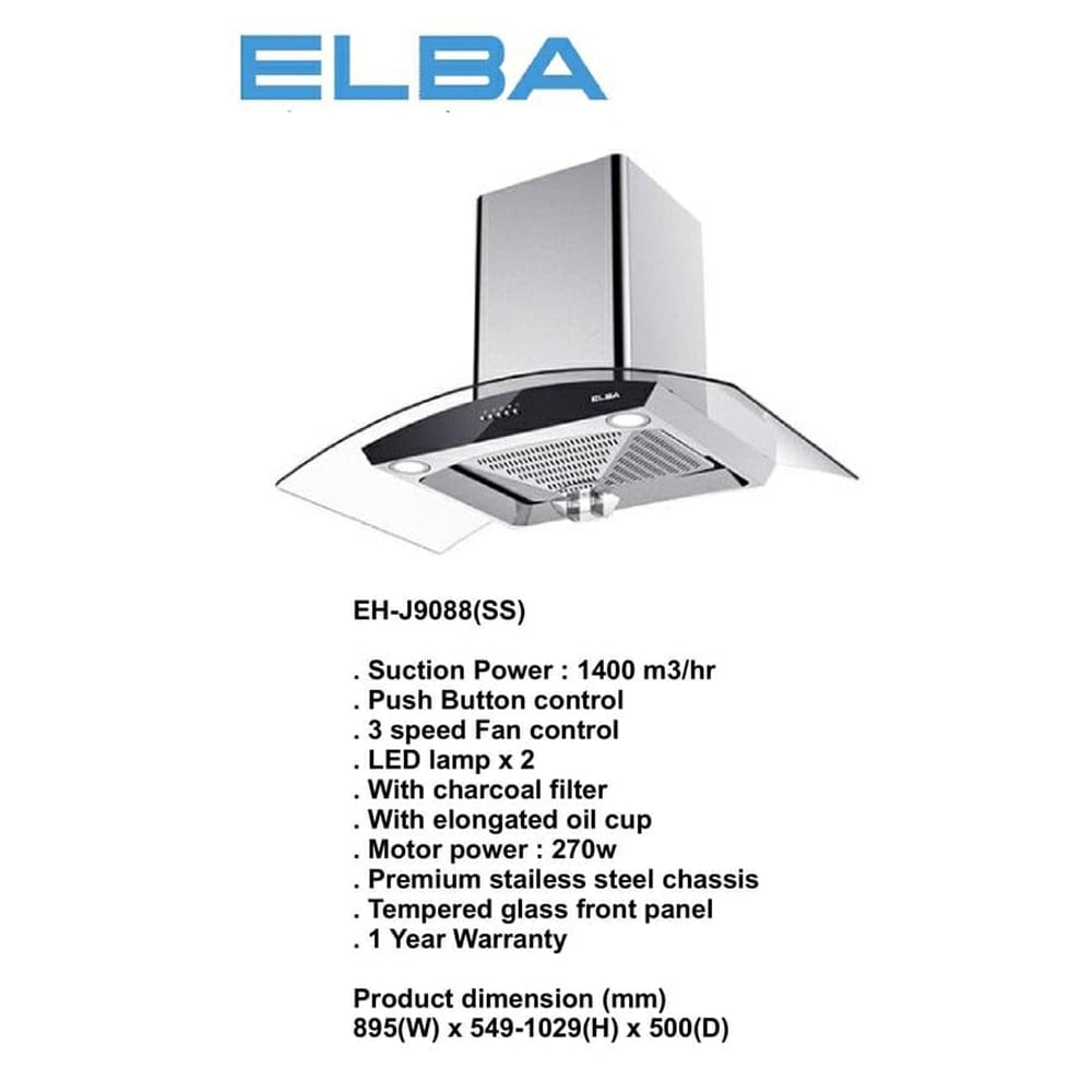 ELBA CHIMMY HOOD EH-J9088(STAINLESS STEEL) 90CM 1400M3/H